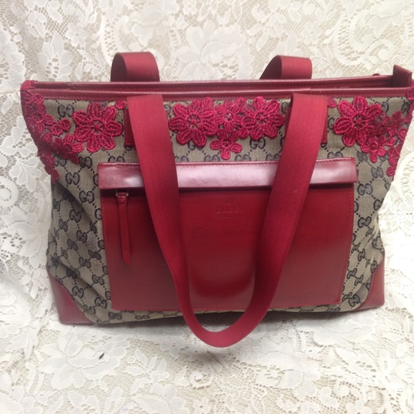 Vintage Gucci Black Mono Red Floral Tote Handbag - Picture 2 of 15